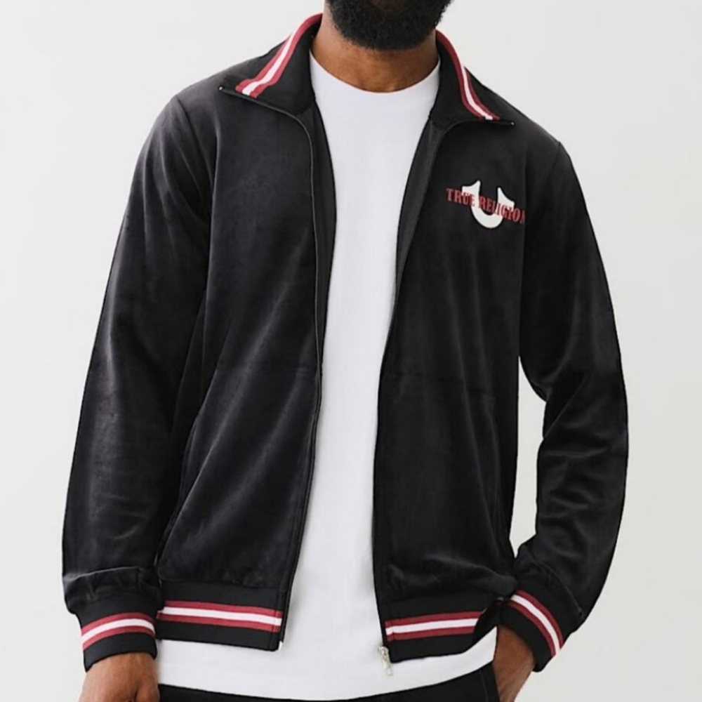 NWT True Religion "Velour World Tour Track Jacket" Black Graphic | Men's Size L - Picture 2 of 12